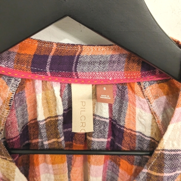Anthropologie Pilcro Breezy Raspberry Plaid Flannel Button Up Shirt Puff Sleeve - Picture 6 of 8